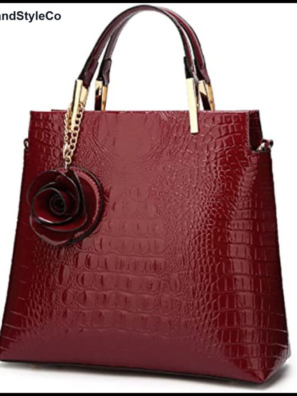 Crocodile Patent Leather Satchel Tote Shoulder Bag w/ Flower Charm